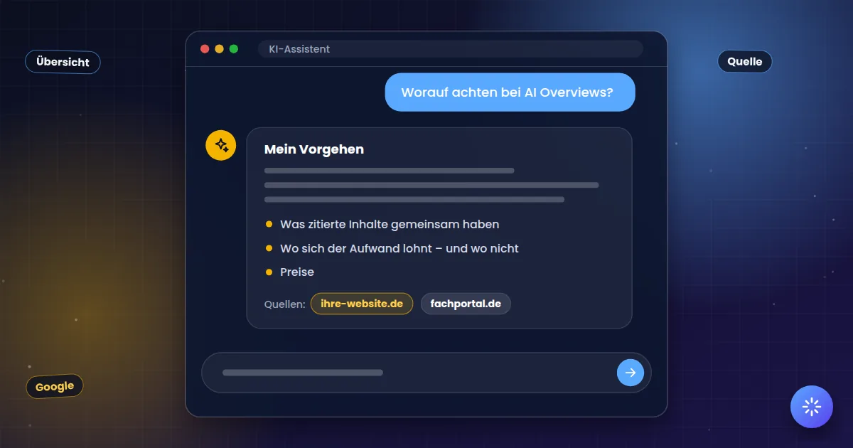 AI Overviews: KI-Assistent, der eine Frage beantwortet und die eigene Website als Quelle nennt