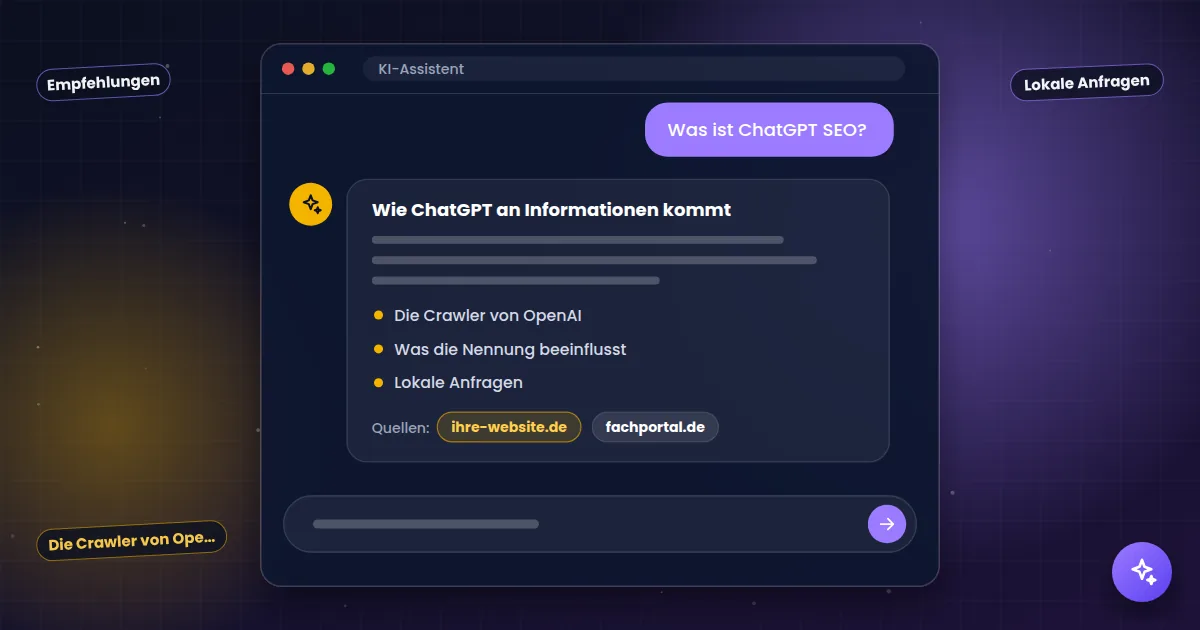 ChatGPT SEO: KI-Assistent, der eine Frage beantwortet und die eigene Website als Quelle nennt