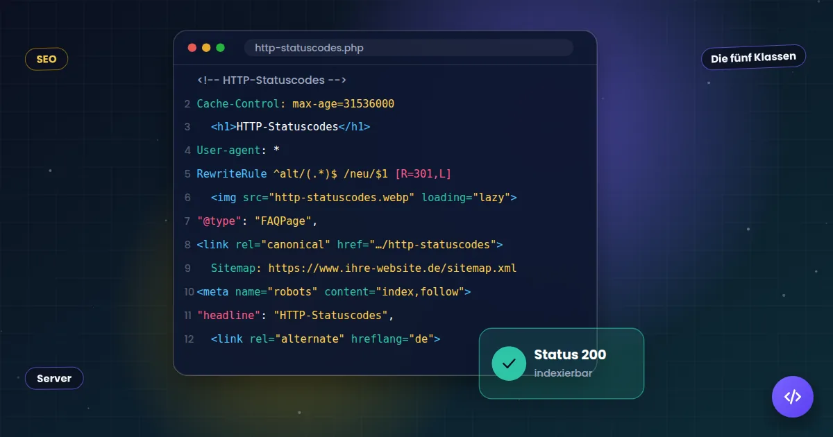 HTTP-Statuscodes: Quelltext mit den technischen Angaben, die Suchmaschinen auswerten