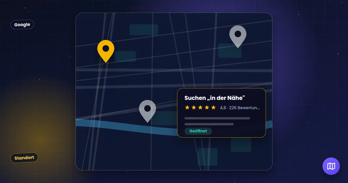 Suchen „in der Nähe": Stadtplan mit Standort-Markierungen und einem Unternehmenseintrag mit Bewertungen