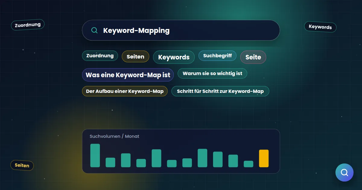 Keyword-Mapping: Suchfeld mit verwandten Suchbegriffen und einer Übersicht zum Suchvolumen