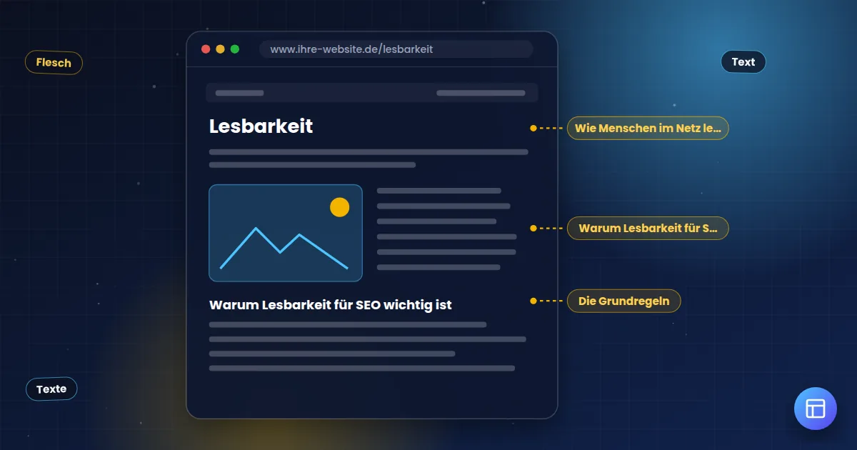 Lesbarkeit: Aufbau einer Webseite mit markierten Stellen für Titel, Überschriften und Inhalte