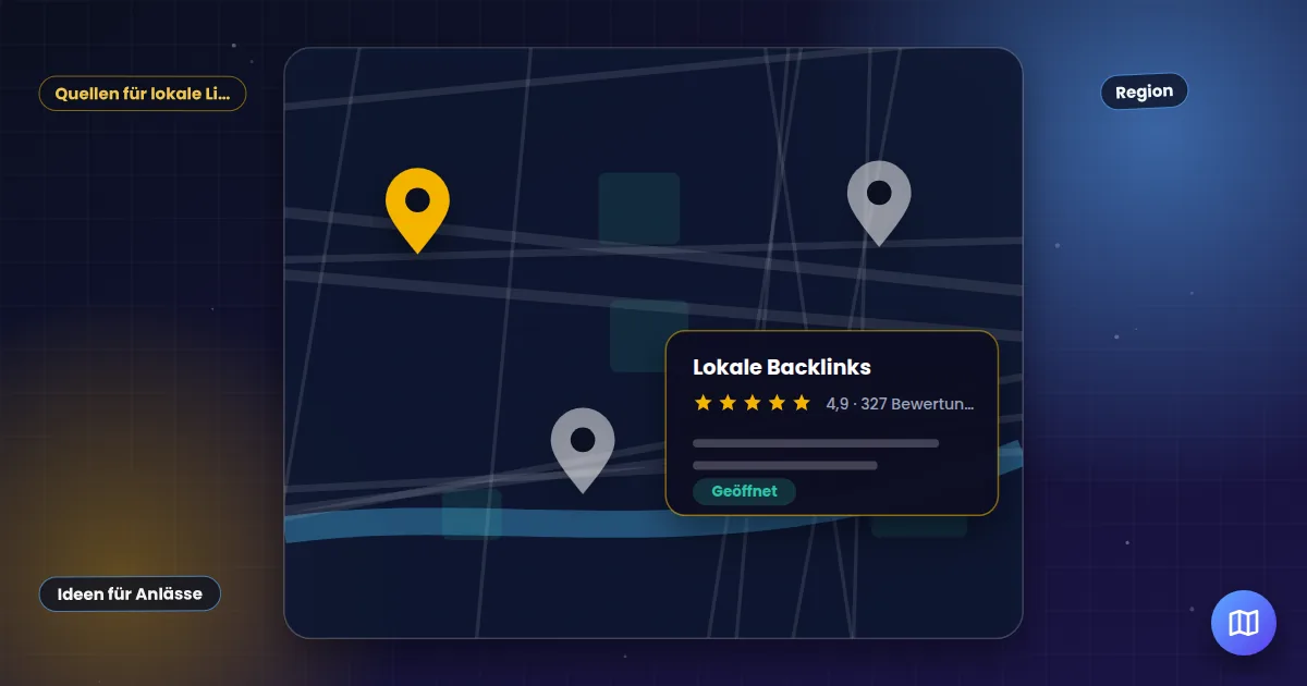 Lokale Backlinks: Stadtplan mit Standort-Markierungen und einem Unternehmenseintrag mit Bewertungen
