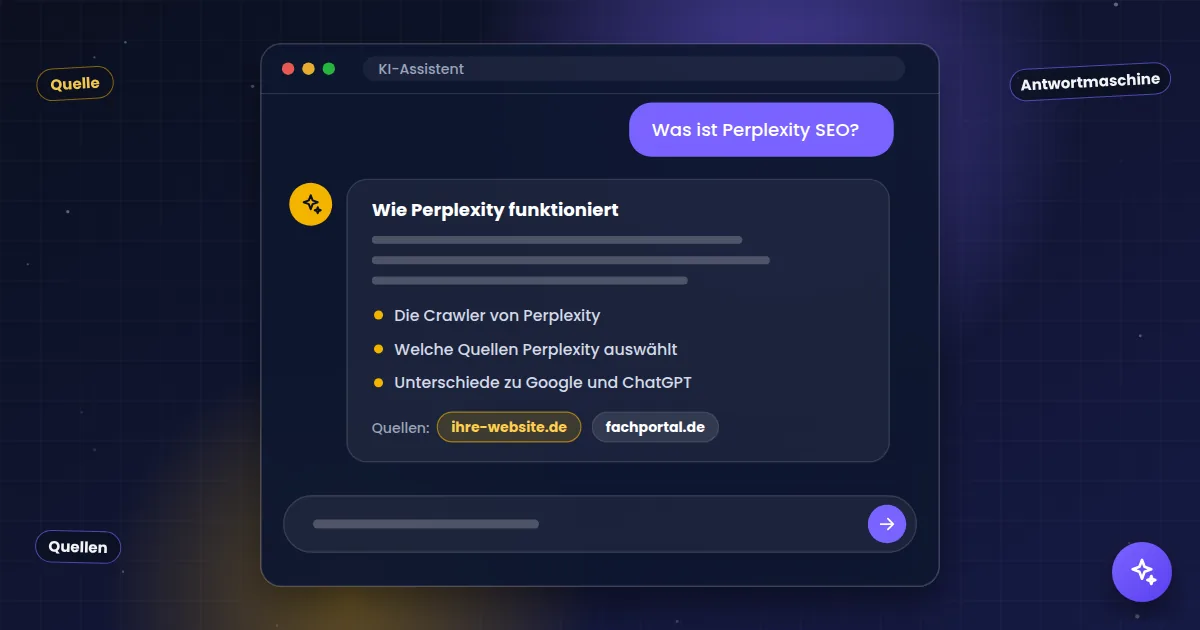 Perplexity SEO: KI-Assistent, der eine Frage beantwortet und die eigene Website als Quelle nennt