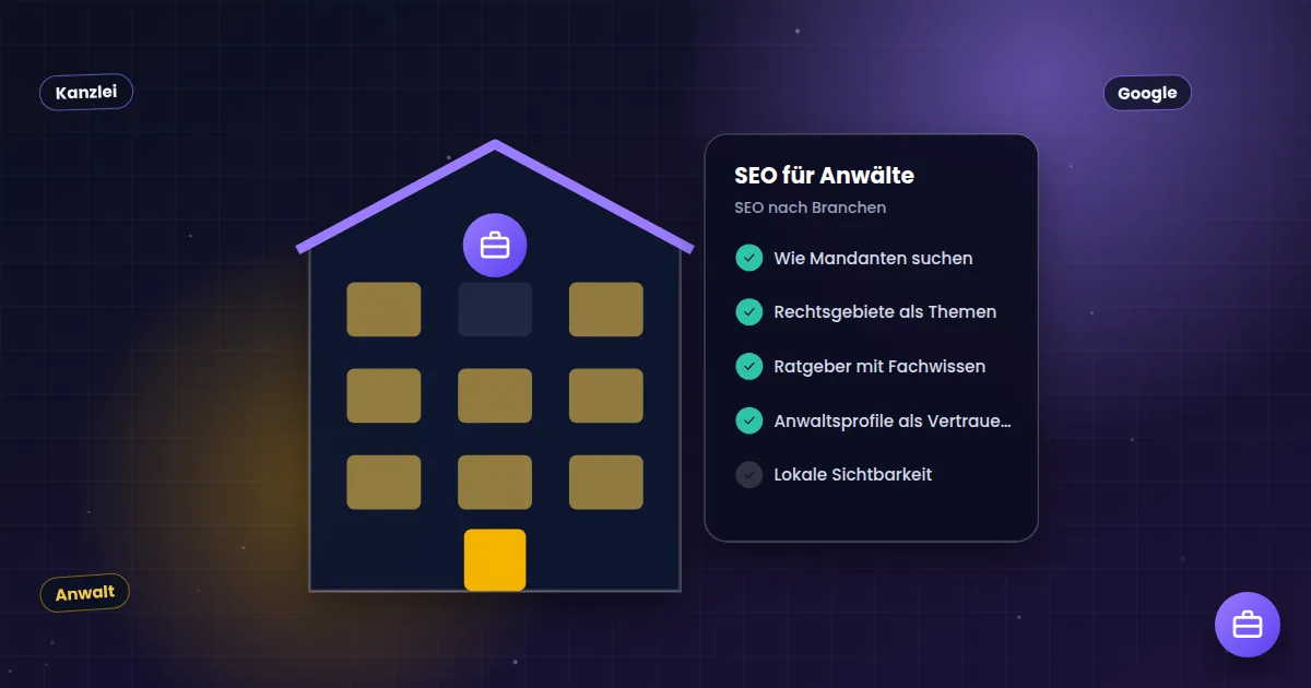 SEO für Anwälte: Geschäftsgebäude neben einer Checkliste für die Branche