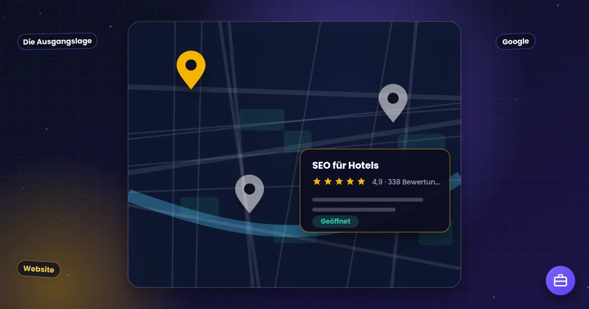 SEO für Hotels: Stadtplan mit Standort-Markierungen und einem Unternehmenseintrag mit Bewertungen