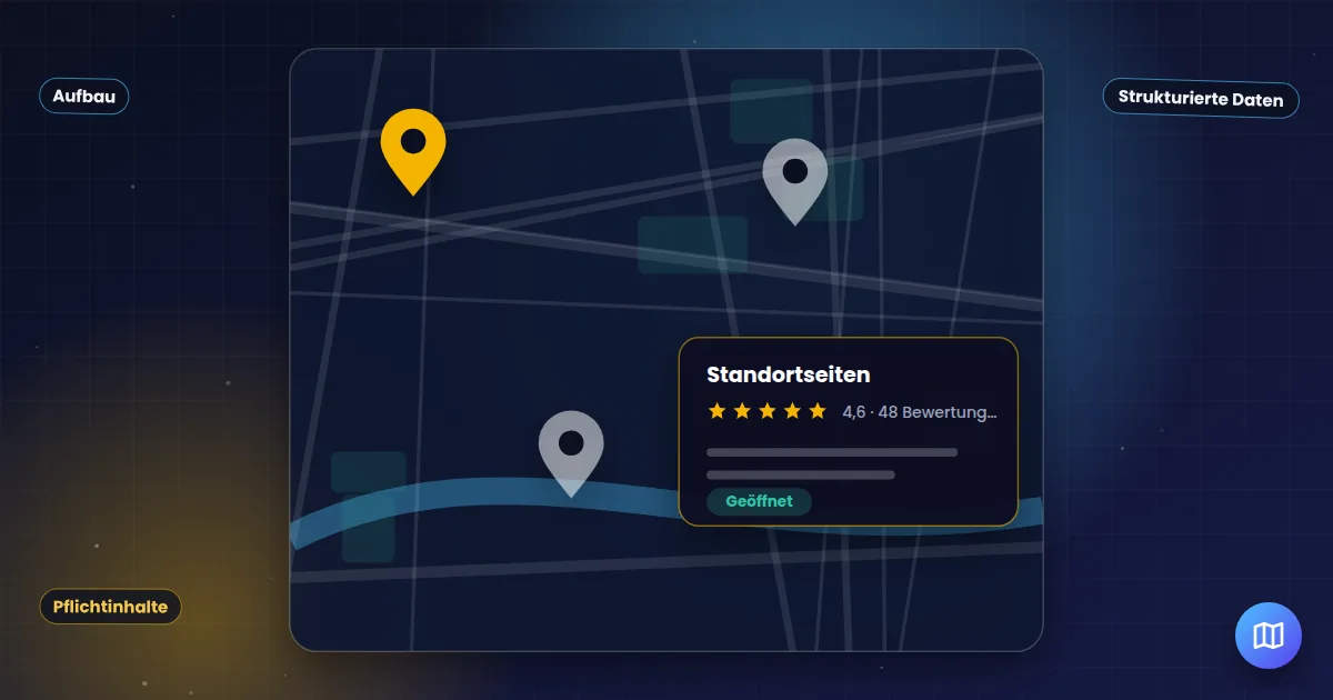 Standortseiten: Stadtplan mit Standort-Markierungen und einem Unternehmenseintrag mit Bewertungen