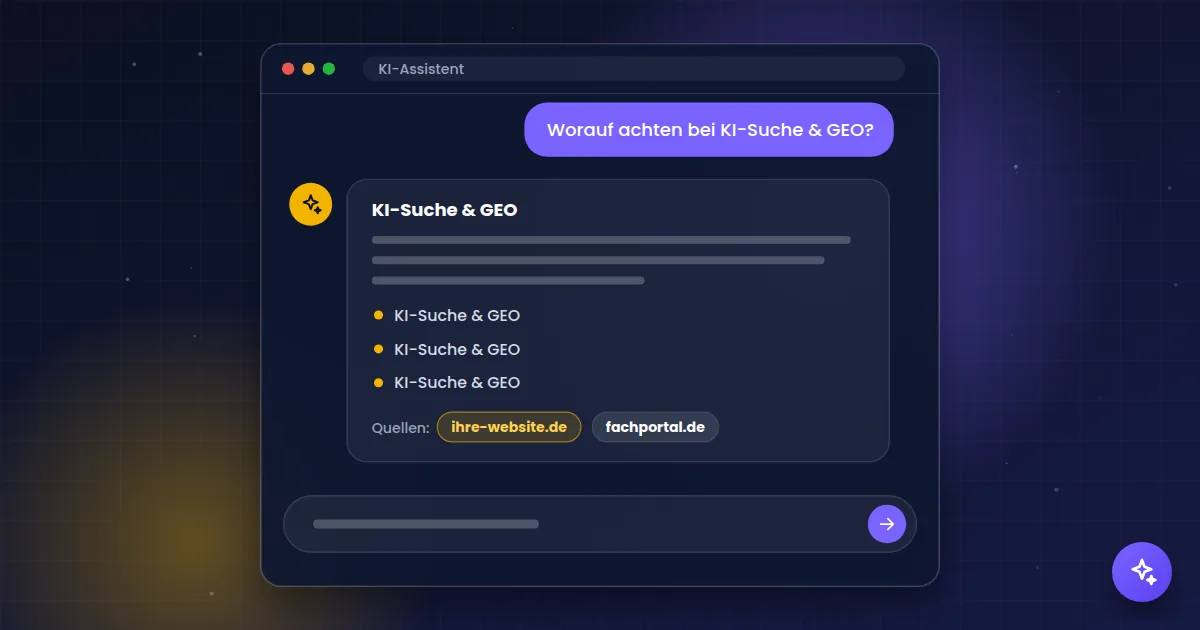 KI-Suche & GEO: KI-Assistent, der eine Frage beantwortet und die eigene Website als Quelle nennt