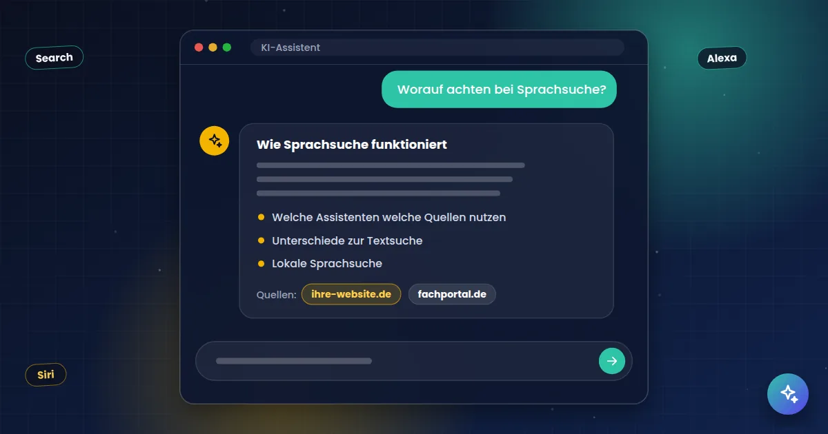 Sprachsuche: KI-Assistent, der eine Frage beantwortet und die eigene Website als Quelle nennt